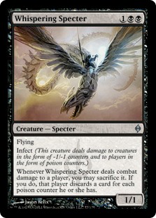 Whispering Specter
 Flying
Infect (This creature deals damage to creatures in the form of -1/-1 counters and to players in the form of poison counters.)
Whenever Whispering Specter deals combat damage to a player, you may sacrifice it. If you do, that player discards a card for each poison counter they have.